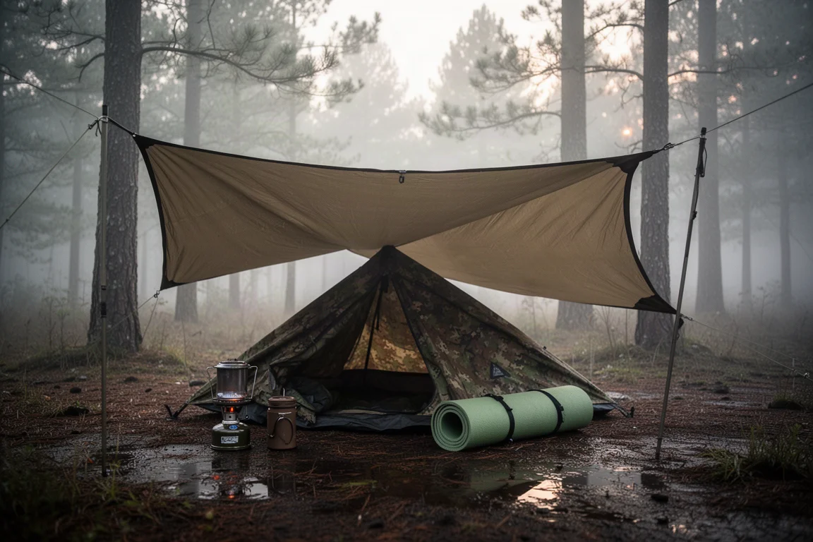 Solo-Zeltplatz im Morgengrauen mit niedrigem Bivvy-Unterschlupf und gepacktem Rucksack