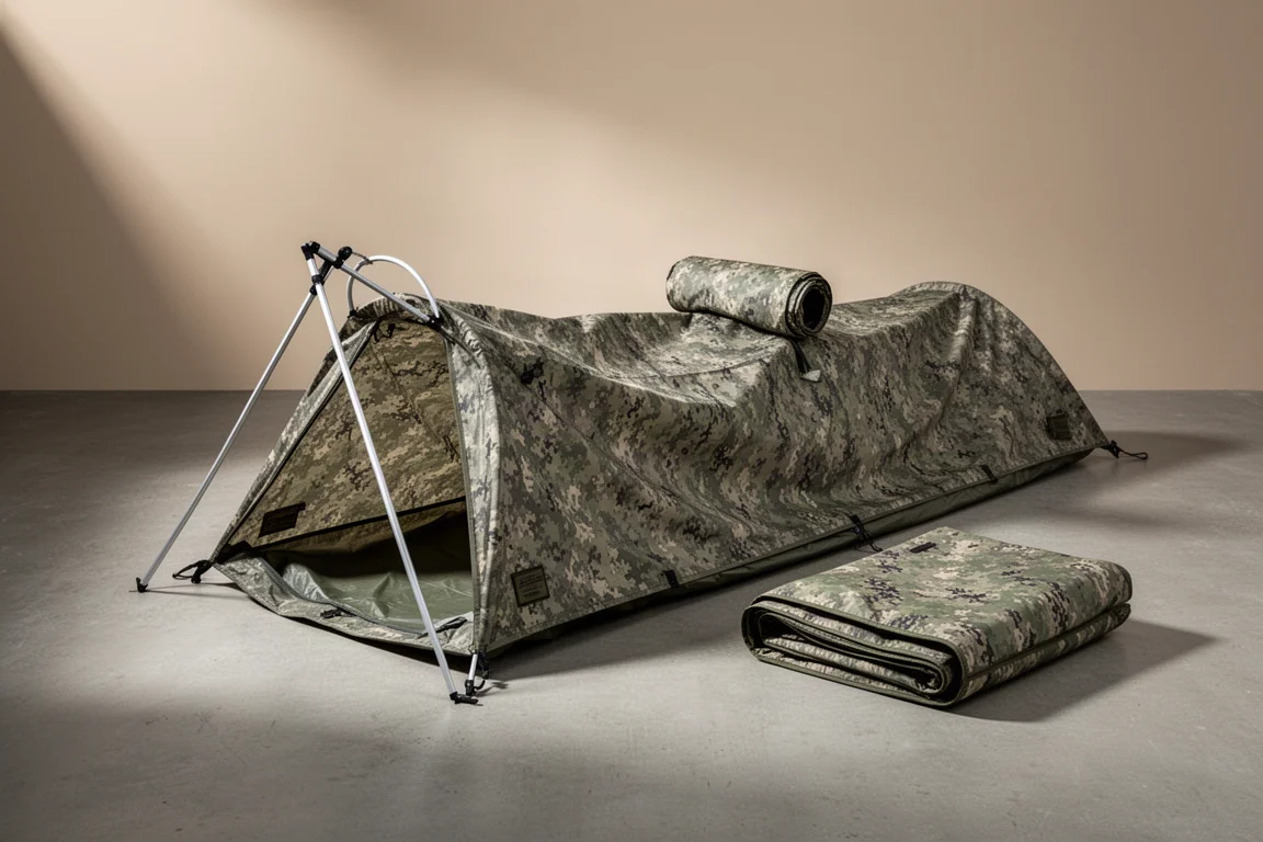 Camouflaged military surplus bivvy pitched on concrete with folded snow cover beside it