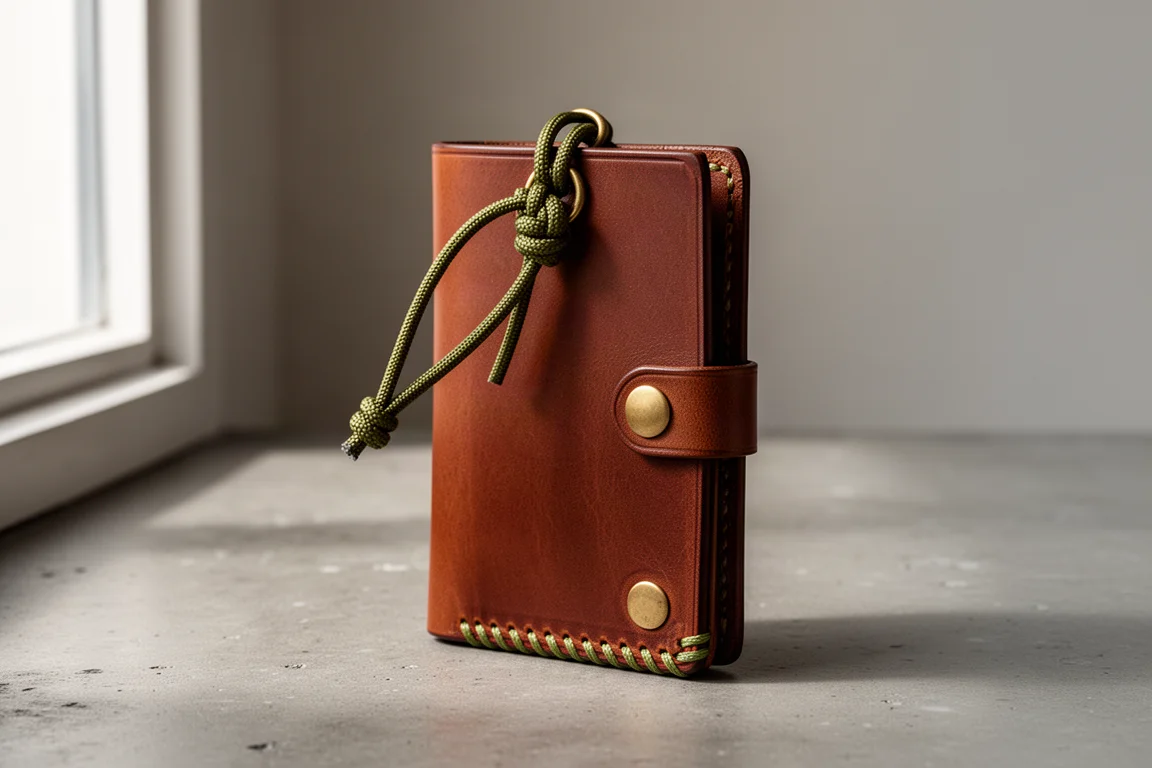Buck brown leather wallet with olive stitching and paracord lanyard on concrete