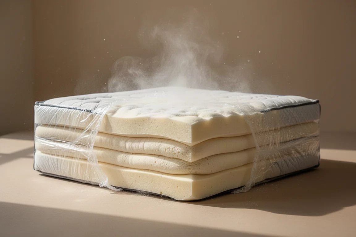 Matelas en mousse compressé qui se déplie après avoir été déroulé hors de son emballage plastique