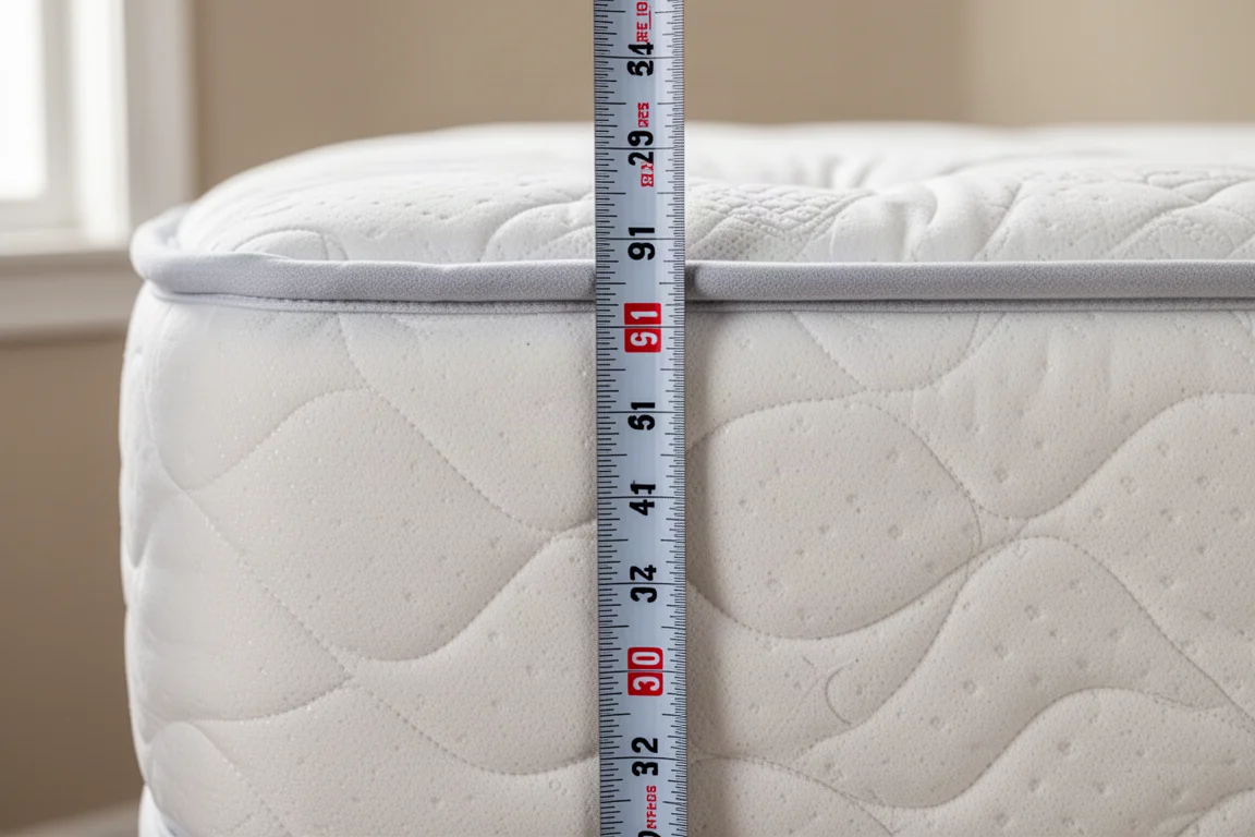 Mètre ruban montrant l'épaisseur d'un matelas de couchette entièrement déployé