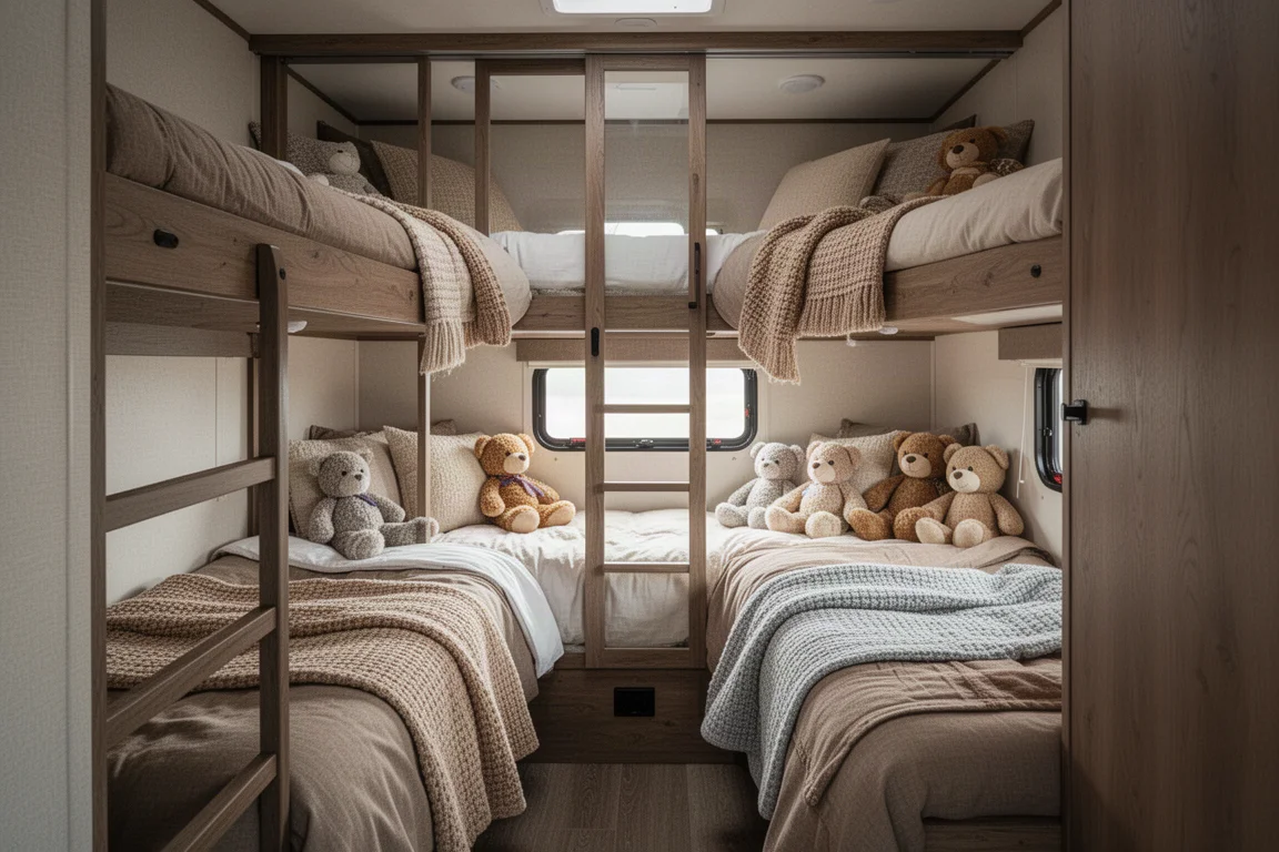 Intérieur chaleureux d'une bunkhouse de VR avec trois couchettes et une literie neuve
