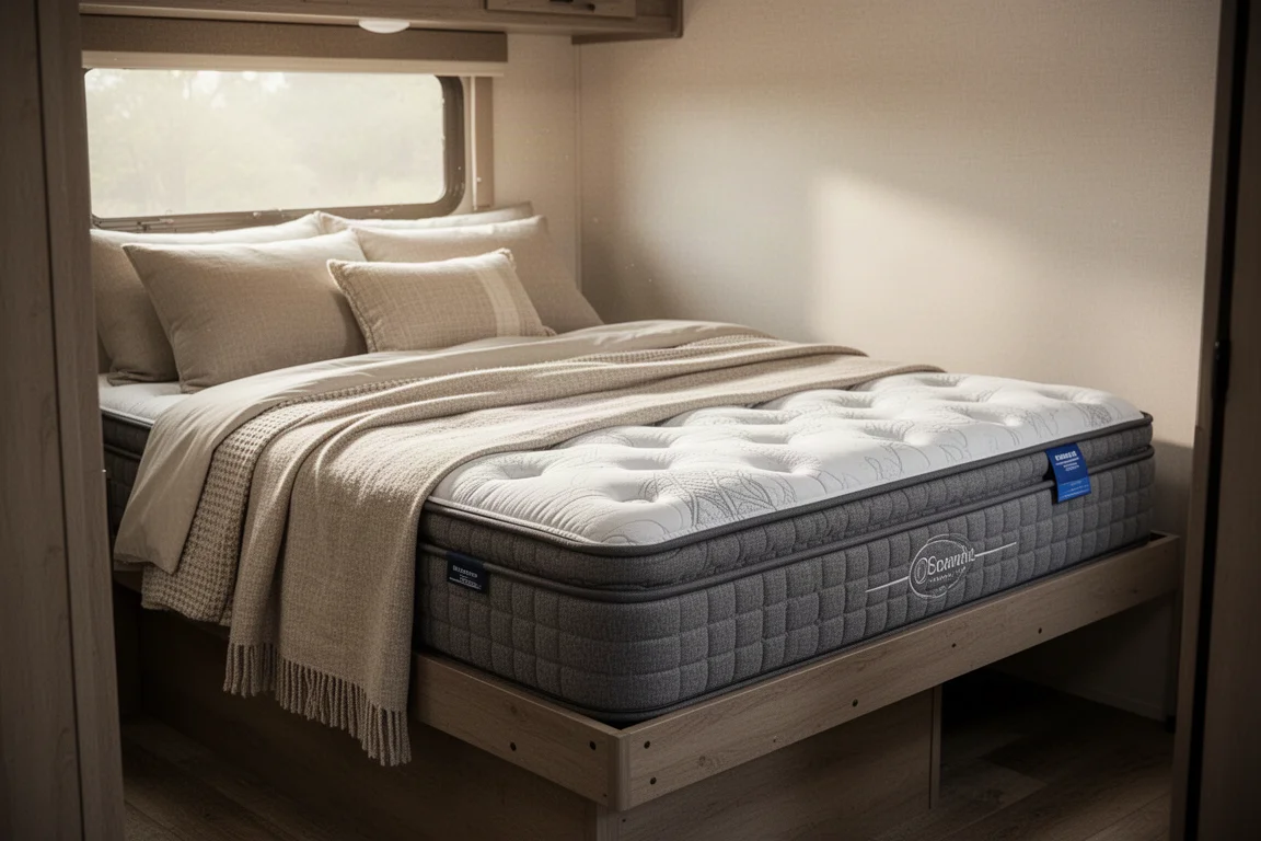 Matelas short queen moelleux à surmatelas posé sur un cadre de lit de VR