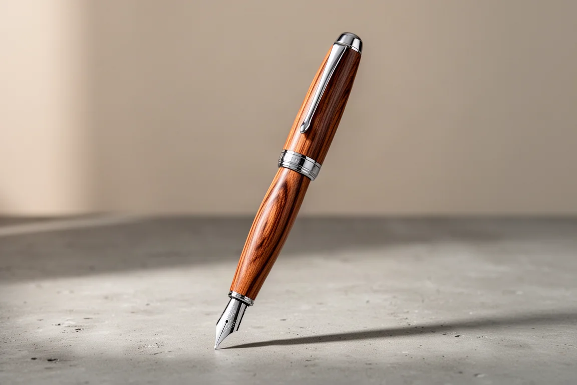 Handmade rosewood fountain pen uncapped on a concrete surface