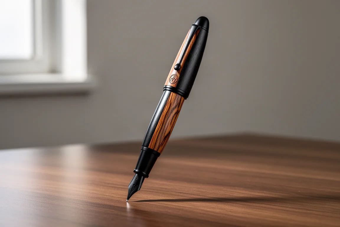 Handcrafted wooden fountain pen showing a split of black hardwood and brown sapwood