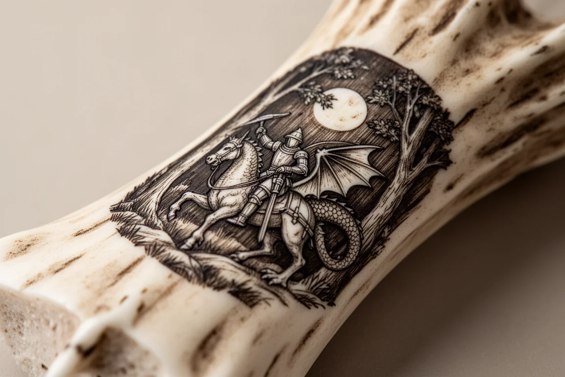 Close-up van een gegraveerde scrimshaw-scène op het gewei-barrel van een fountain pen