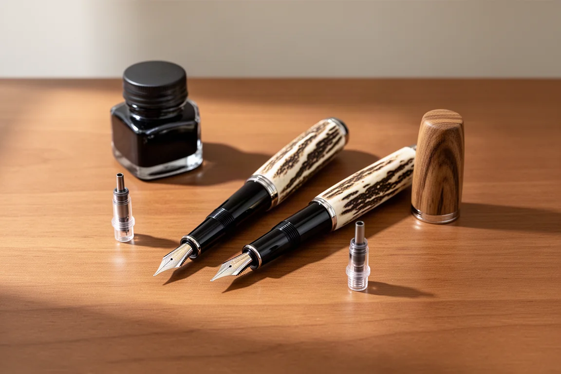 Fountain pen nib en ebonieten gripsectie gedemonteerd op een bureau