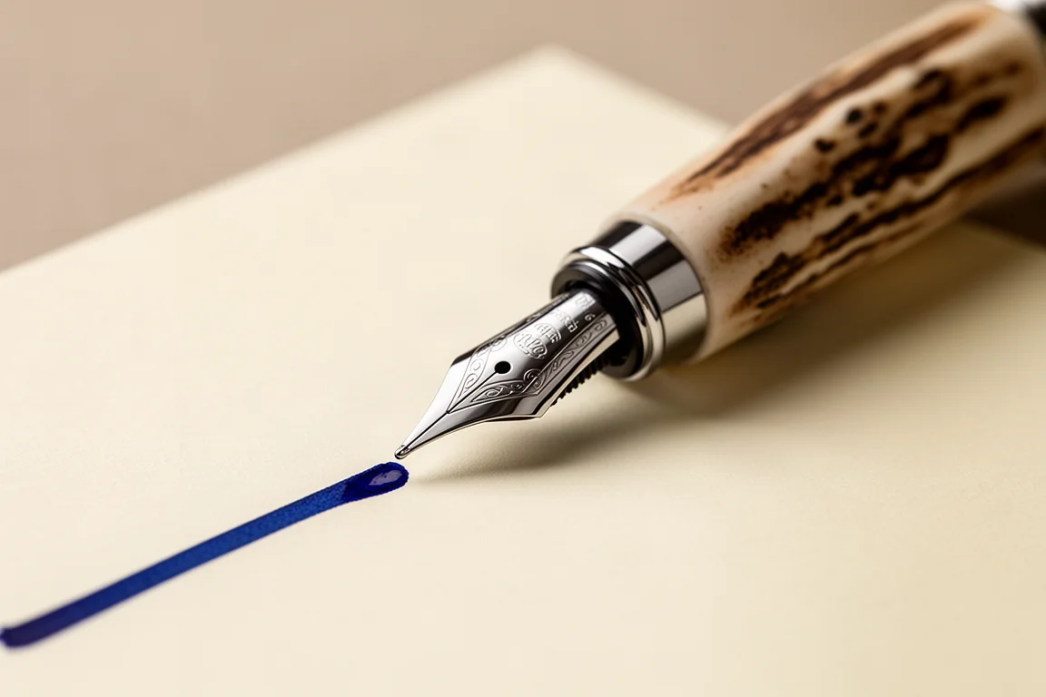 Een fountain pen middenin een schrijfstreek op crèmekleurig papier met diepblauwe inkt