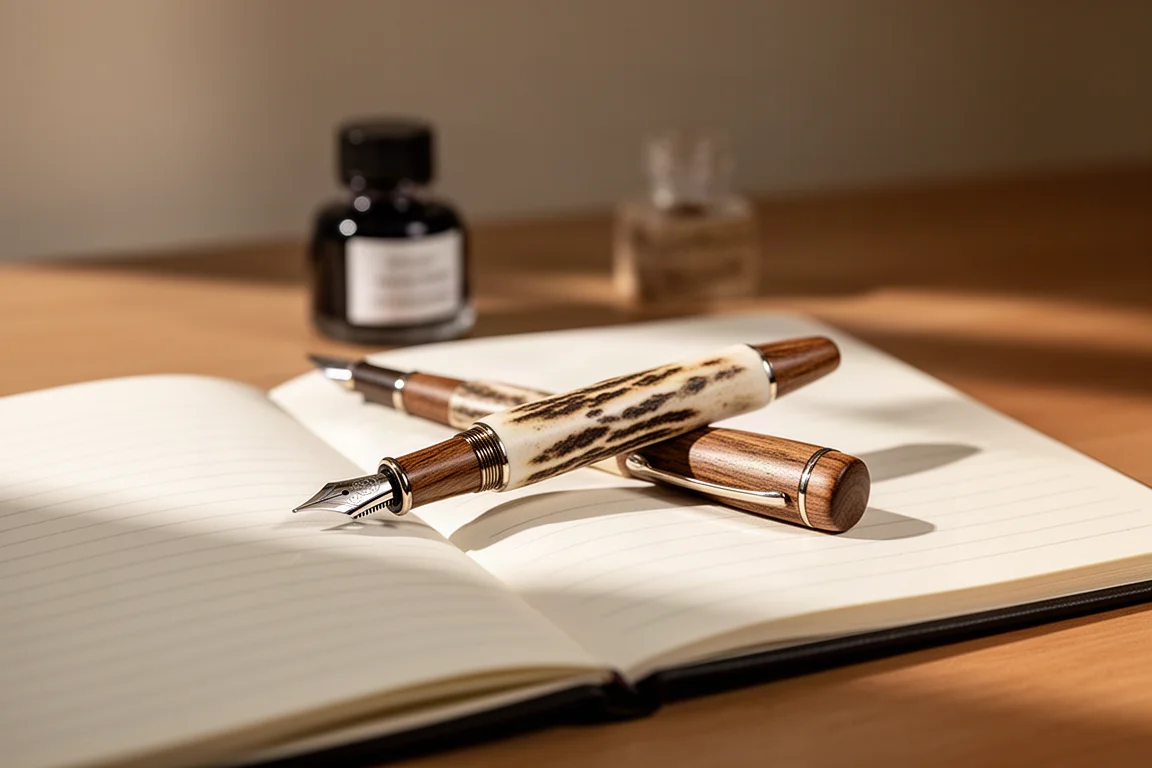 Een fountain pen rustend op een open dagboek in zacht avondlicht