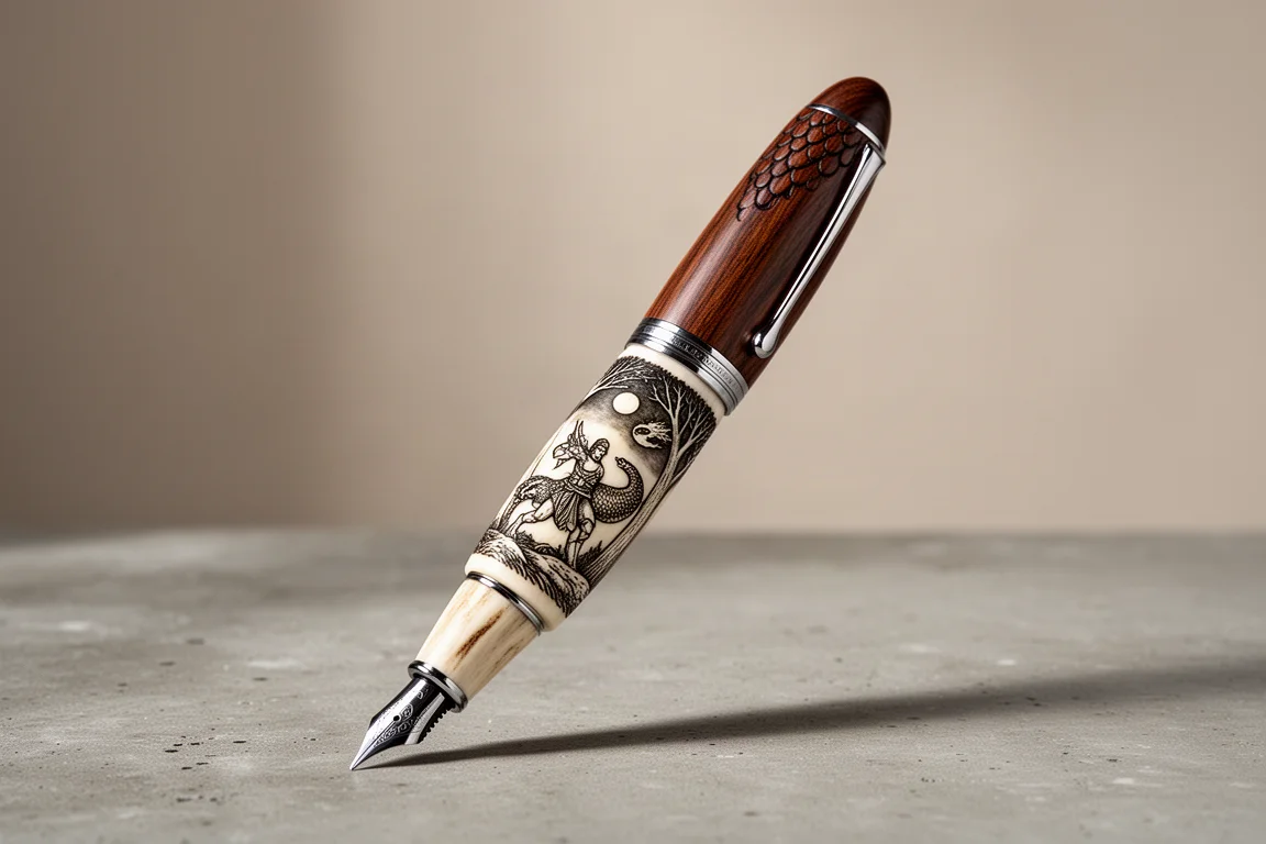 Penna stilografica scrimshaw artigianale con fusto in corno e cappeamento in legno su superficie di cemento