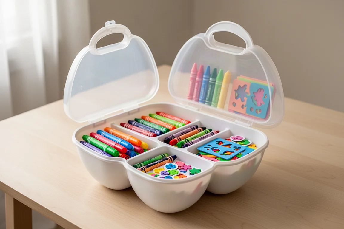 Large plastic egg-shaped art kit container opened on a table with supplies inside