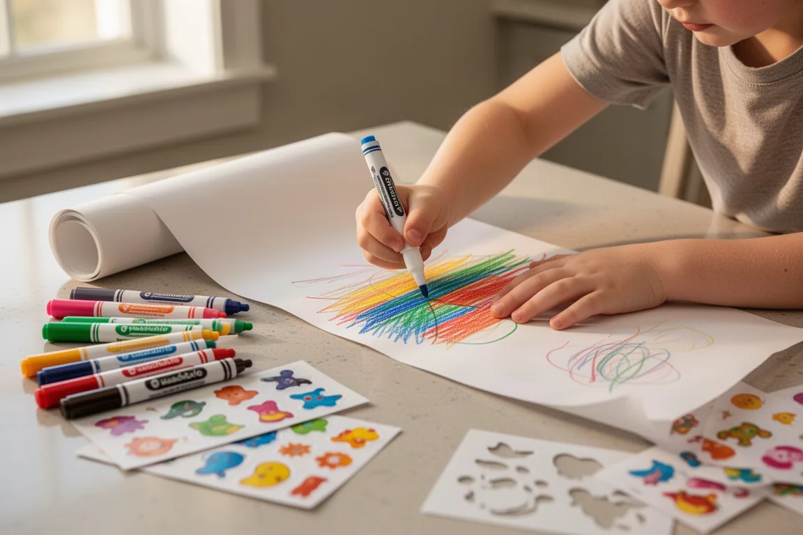 Child's hands coloring a long paper sheet with washable markers