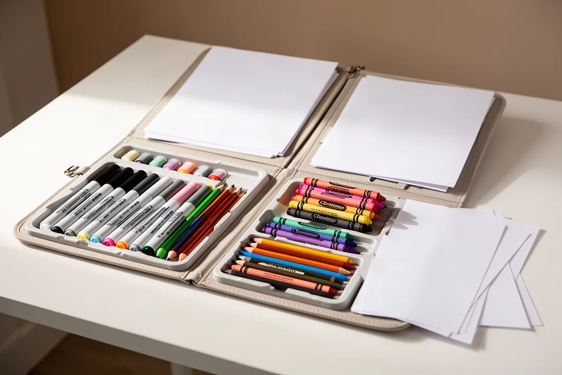 Fold-open art case with markers, crayons and pencils laid out