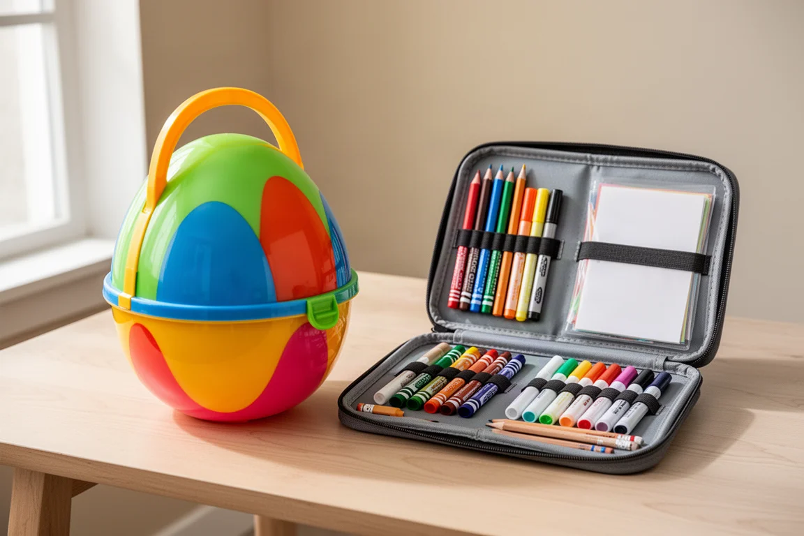 Due kit artistici per bambini fianco a fianco su un tavolo di legno, un contenitore a forma di uovo e una valigetta artistica richiudibile