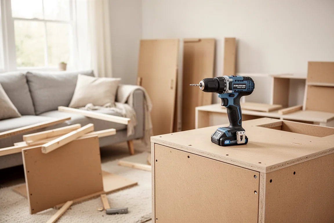 Persona che assembla mobili in kit con un trapano avvitatore compatto a batteria in casa