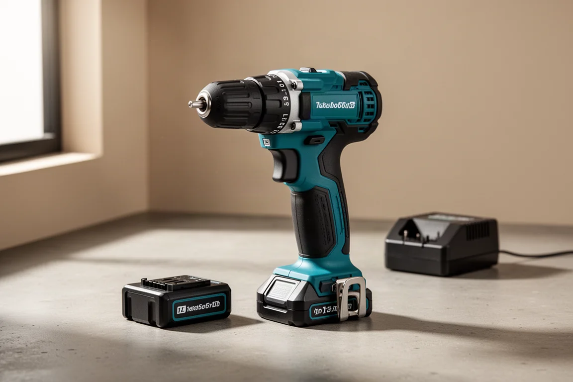 Compact teal and black cordless drill driver on a concrete surface with a battery pack