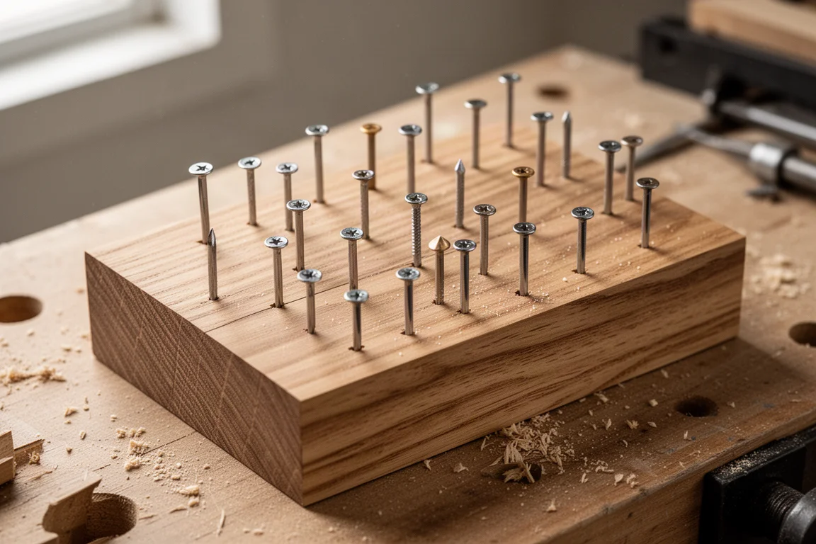 Finish nails driven flush into a laminated oak test block