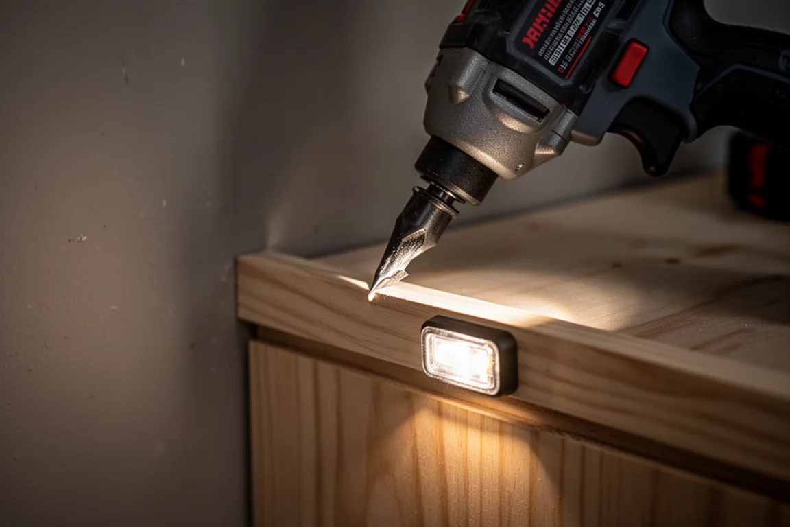 Work light illuminating the nose of a finish nailer in a dim corner