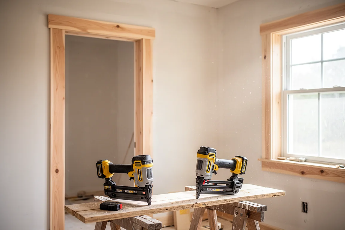 Trim being installed around a doorway with a cordless nailer