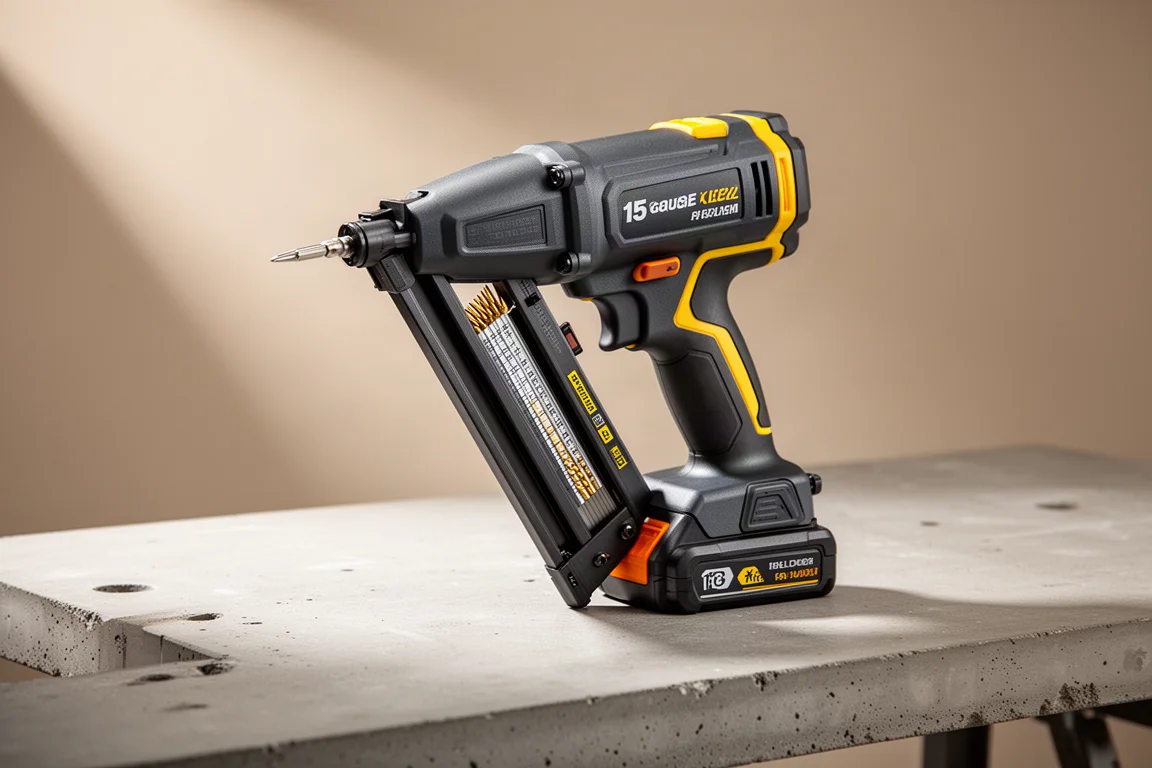 Cordless 15-gauge finish nailer on a concrete workbench with open magazine