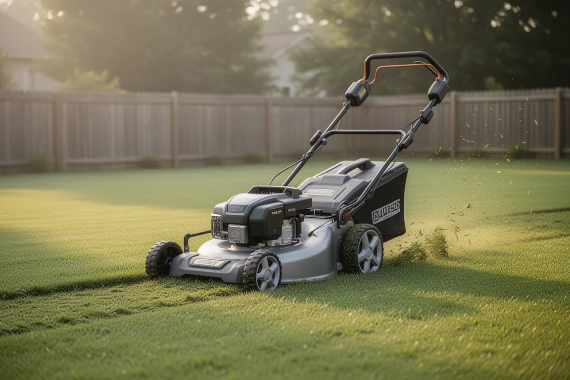 Accu-grasmaaier maait een brede tuin in het ochtendlicht