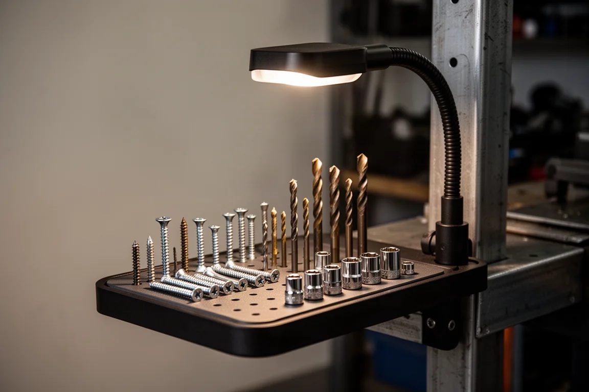 Magnetische werkplateau met schroeven en bits, bevestigd op een stalen oppervlak