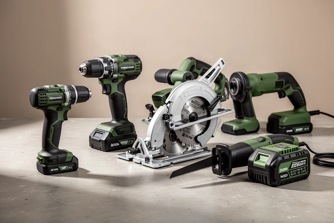 Assortment of Ryobi cordless power tools and batteries arranged on a concrete workshop surface