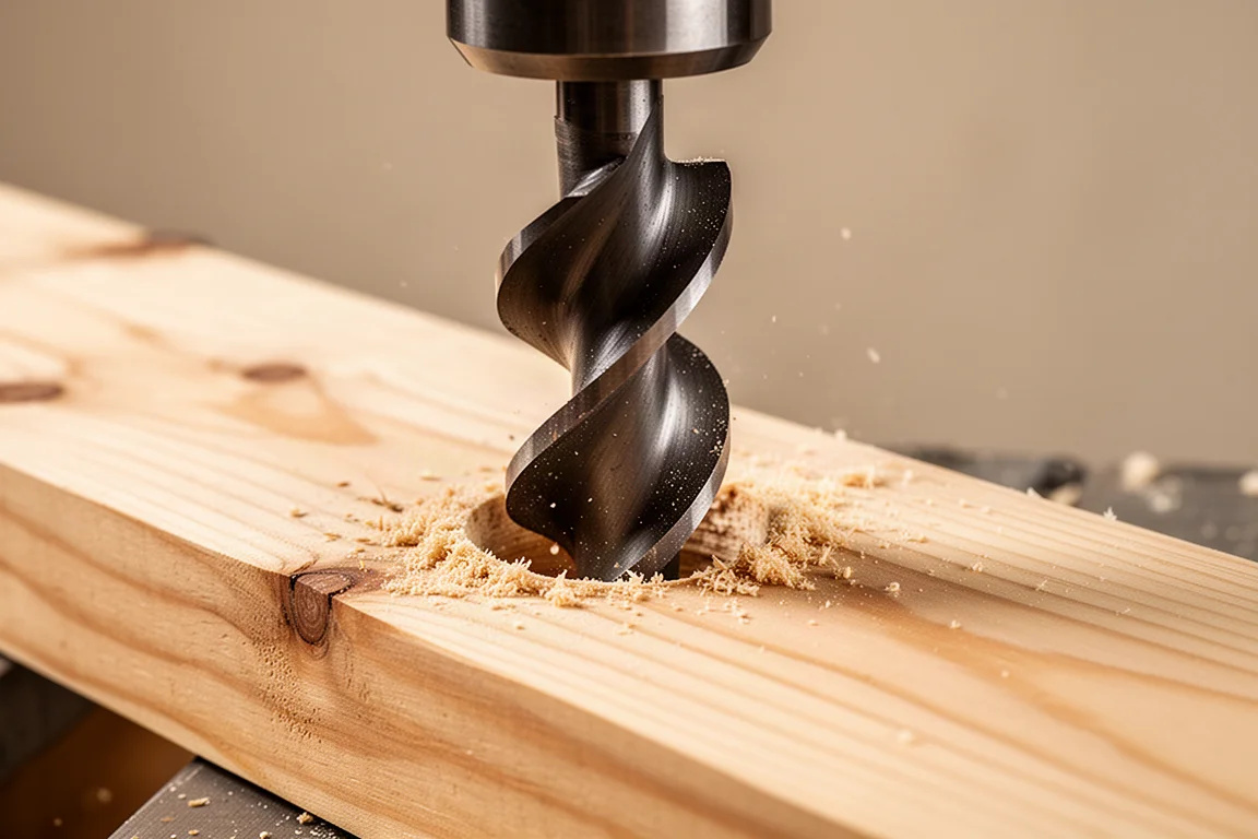 Primer plano de una broca taladrando una tabla de madera 2x8 sin desbastar