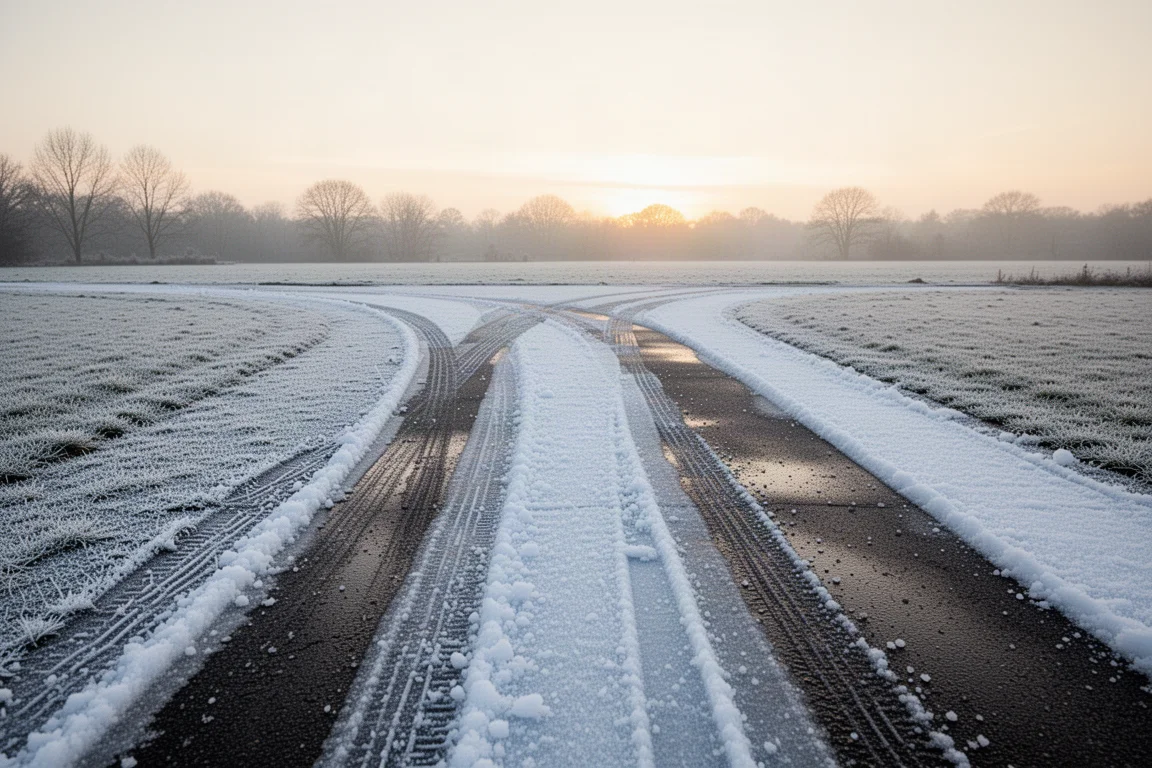 Frisch gestreutes Tau Eis schmilzt einen dunklen Pfad über eine gefrorene Auffahrt
