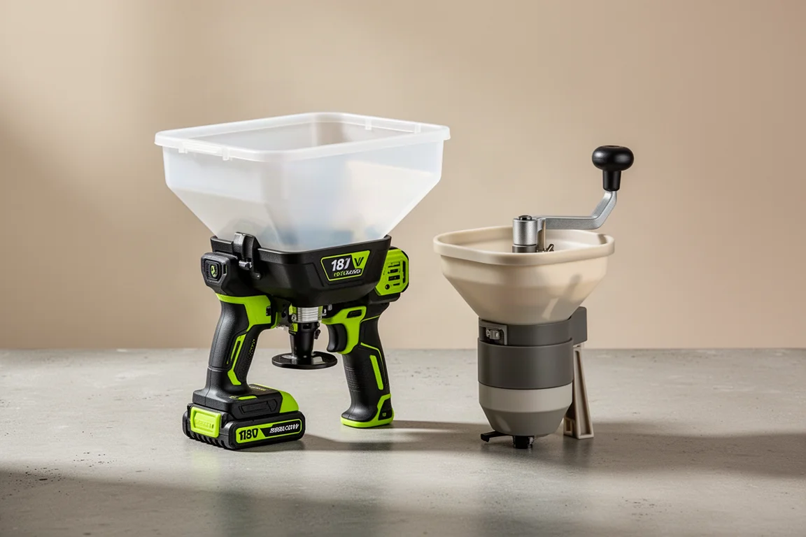 Two handheld broadcast spreaders side by side on a concrete surface