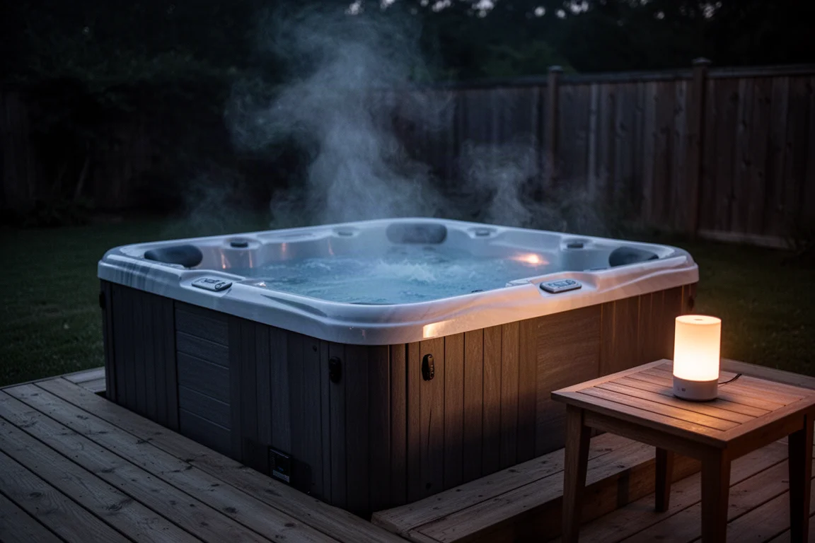 Miejsce z jacuzzi wieczorem ze świecącym zabójcą owadów obok