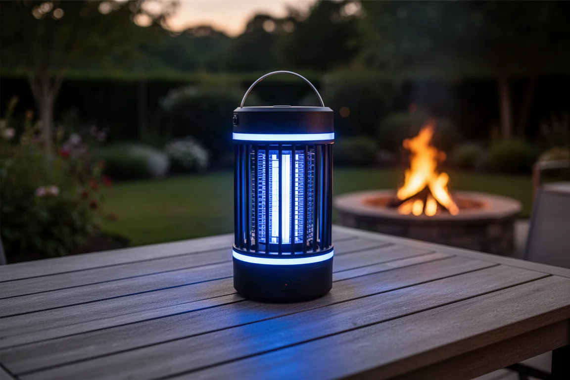 Mata-mosquitos em formato de lanterna brilhando com luz UV azul sobre uma mesa de varanda à noite