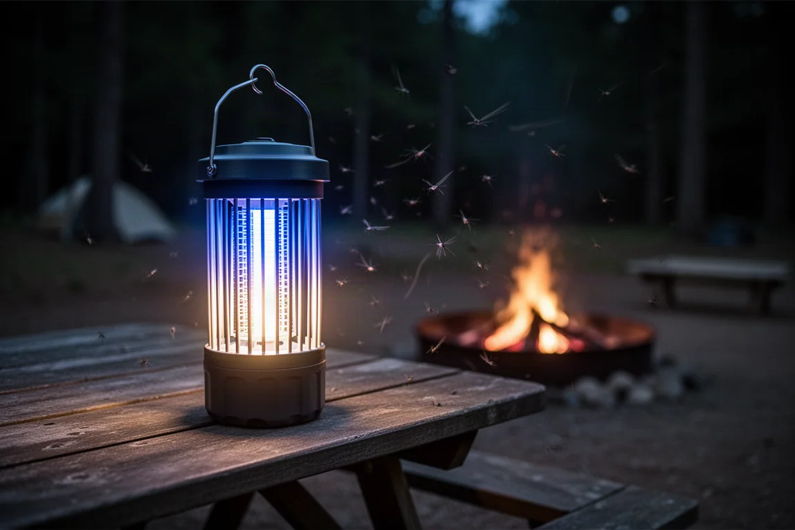 Mata-mosquitos brilhando sobre uma mesa de piquenique em um acampamento com uma fogueira ao fundo