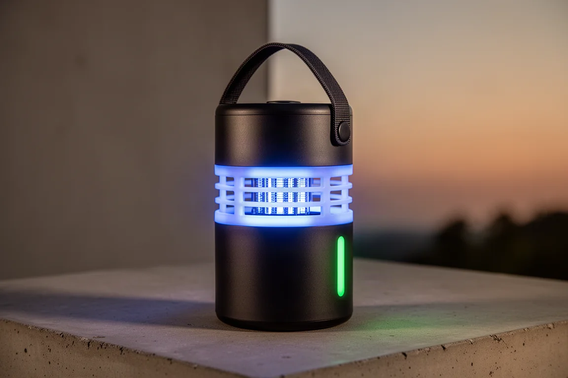 Lampa na owady Ryobi 18V Cordless Bug Zapper świecąca niebieskim światłem na betonowej powierzchni o zmierzchu