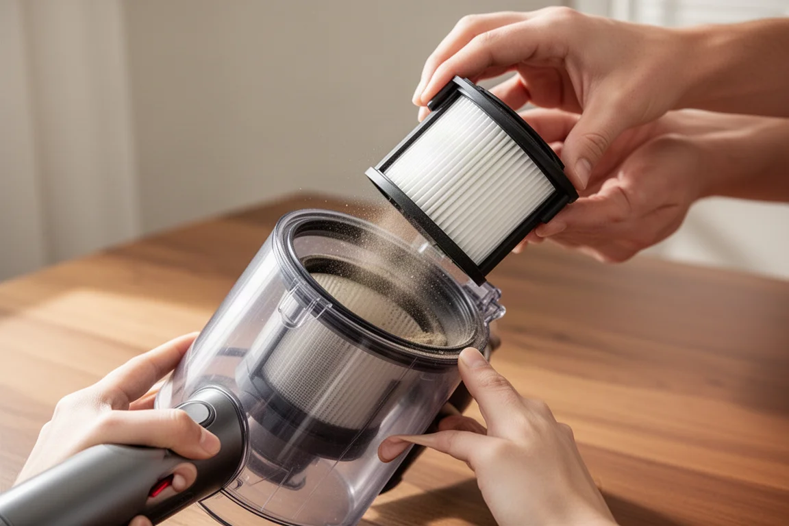 HEPA-filter tas ur en liten dammsugarbehållare