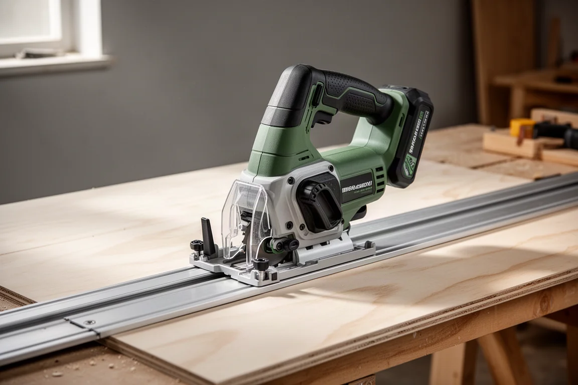 Ryobi 18V HP Track Saw resting on a guide track on plywood