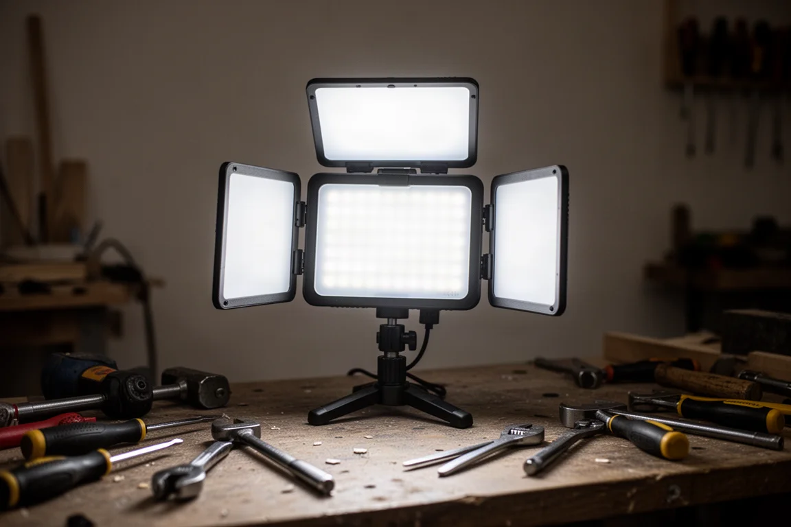 Verstellbare LED-Panelleuchte mit drei schwenkbaren Paneelen in einer dunklen Werkstatt
