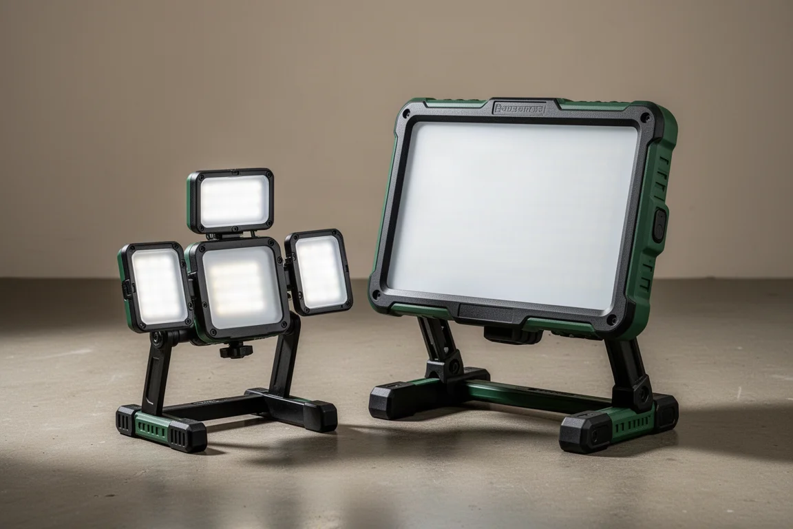 Two Ryobi LED panel work lights, small and large models, side by side on concrete