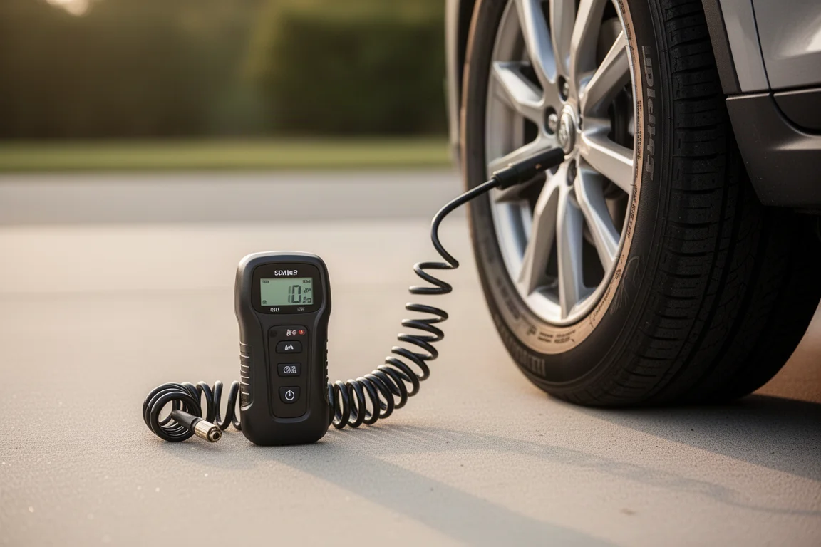Autoband die wordt opgepompt met een draagbare digitale inflator op een oprit