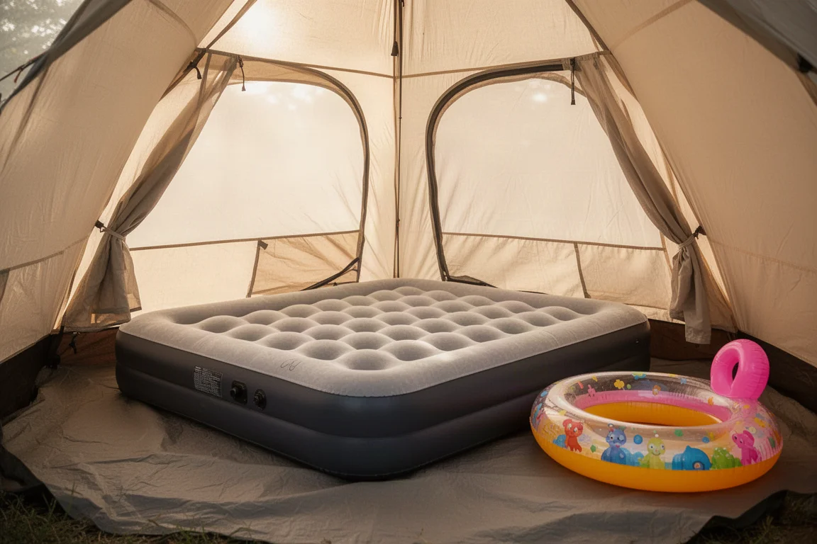 Queensize luchtbed dat gedeeltelijk is opgeblazen op de vloer van een tent