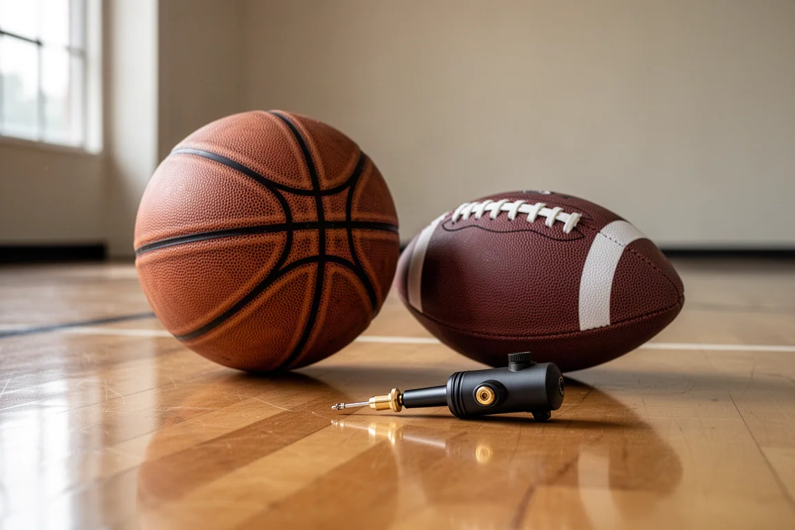 Basketbal en voetbal op een sporthal met een compacte inflator in de buurt