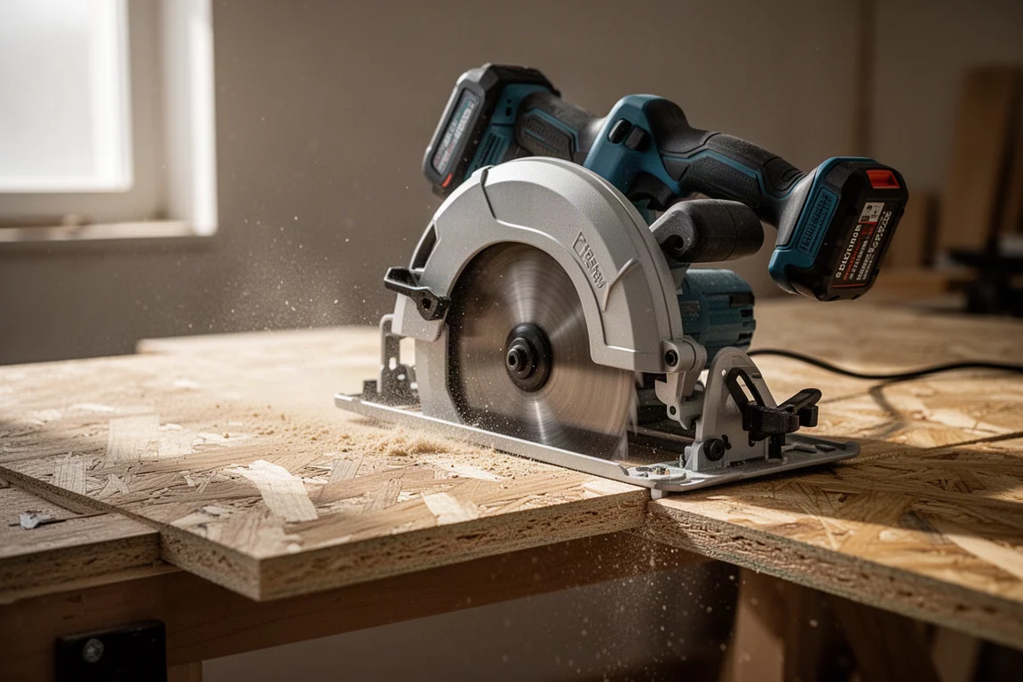 Cordless circular saw cutting through a thick board on a workbench