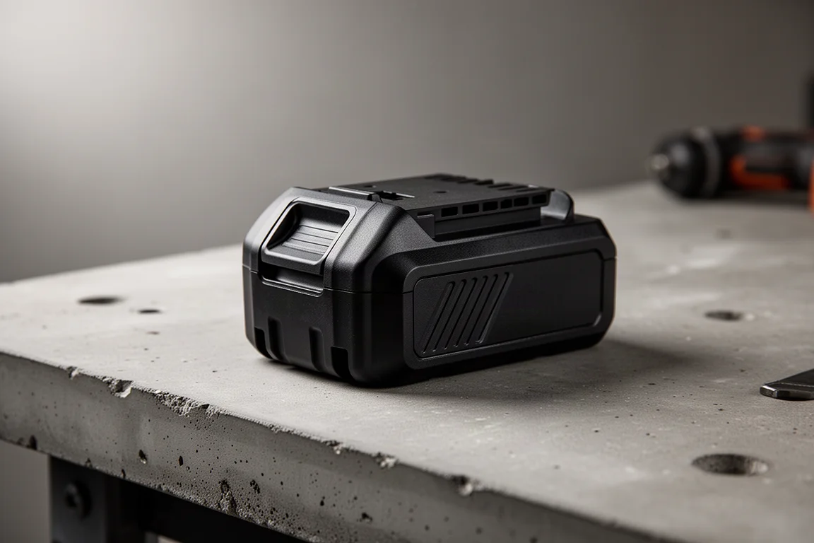 Cordless battery pack cooling on a workbench after heavy use