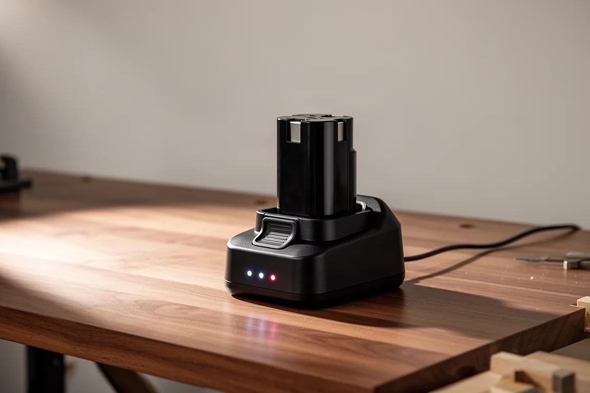 Battery pack docked in a fast charger with indicator lights glowing