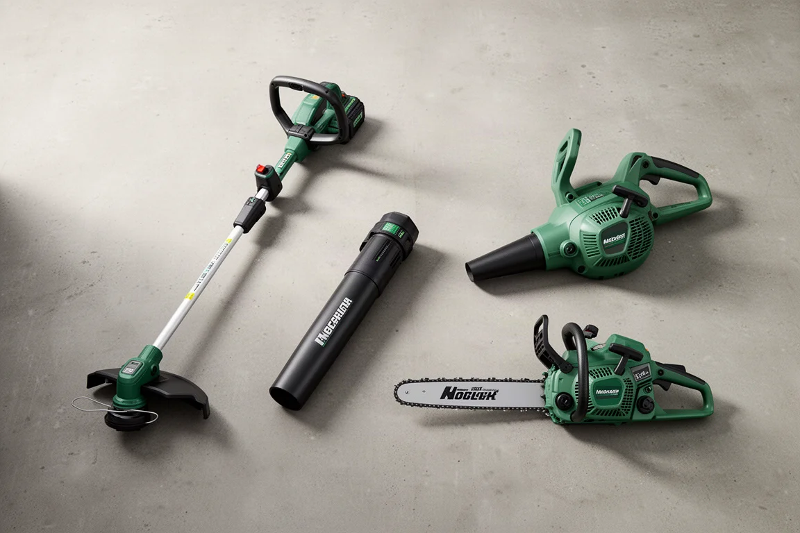 Flat-lay of cordless outdoor power equipment laid out on concrete