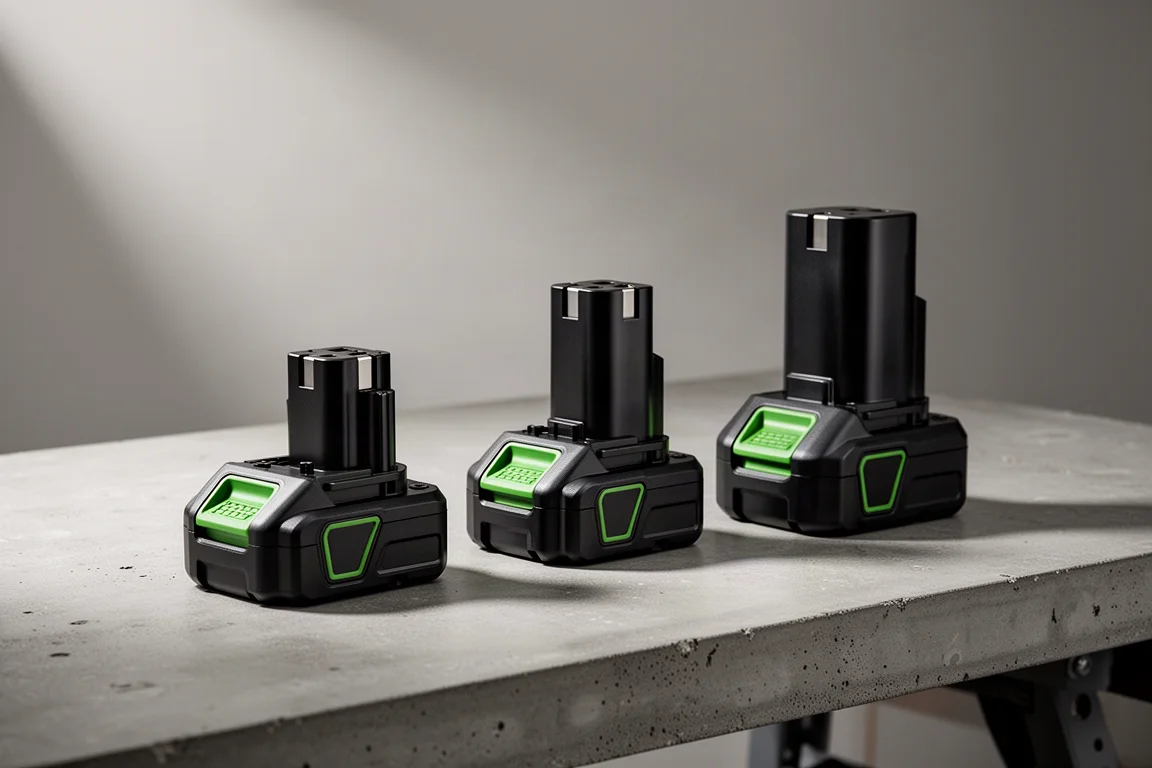 Three black cordless power tool battery packs lined up on a concrete workbench