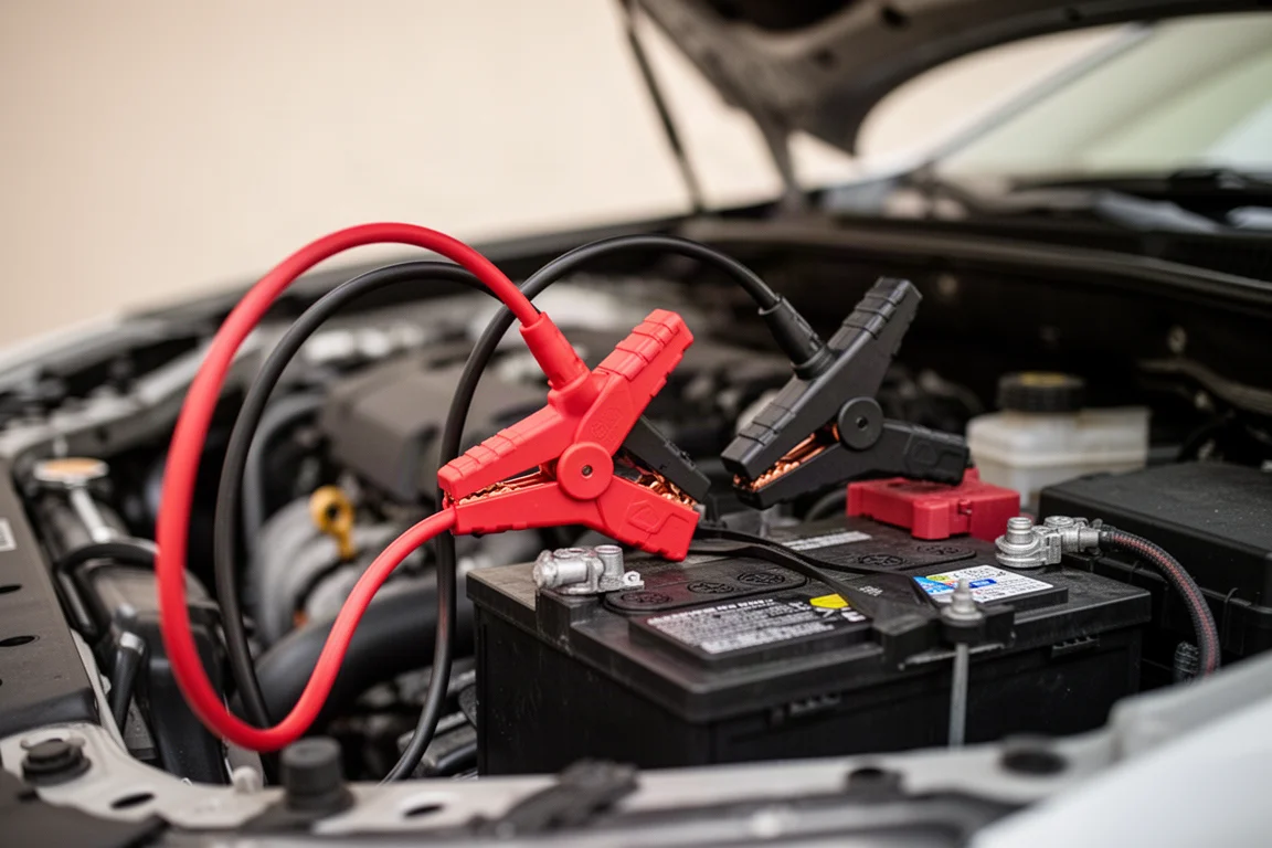 Jump starter-klemmen aangesloten op een autoaccu onder de motorkap