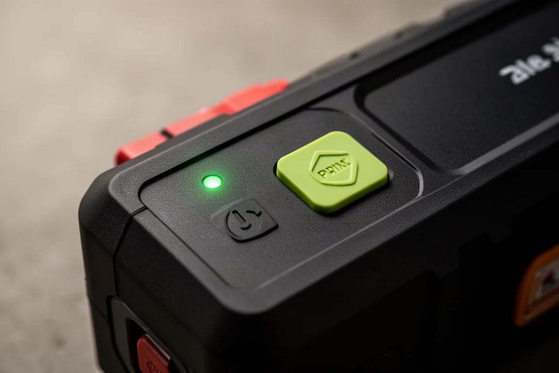 Groen gereedlampje dat oplicht op het bedieningspaneel van de jump starter
