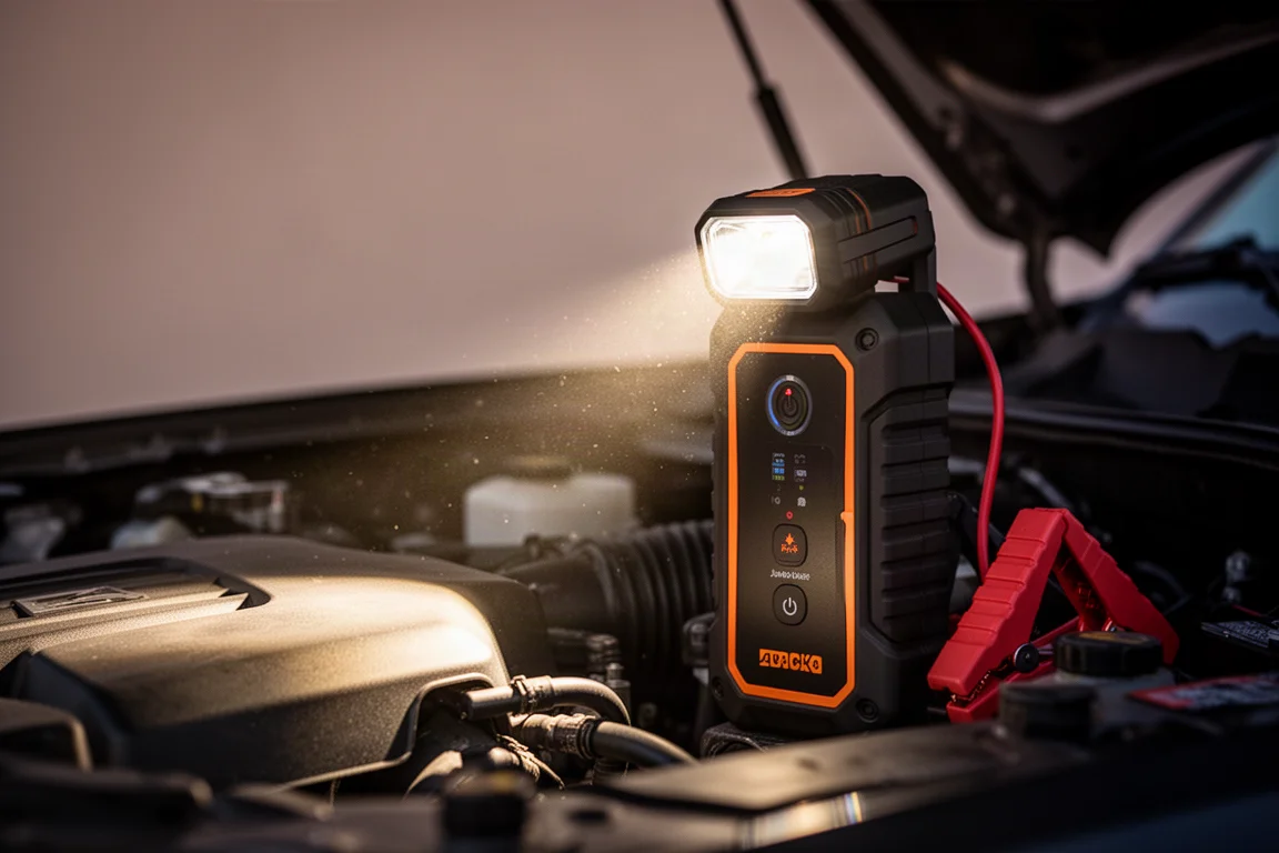 Ingebouwde LED-lamp die een lichtbundel over een donkere motorruimte werpt