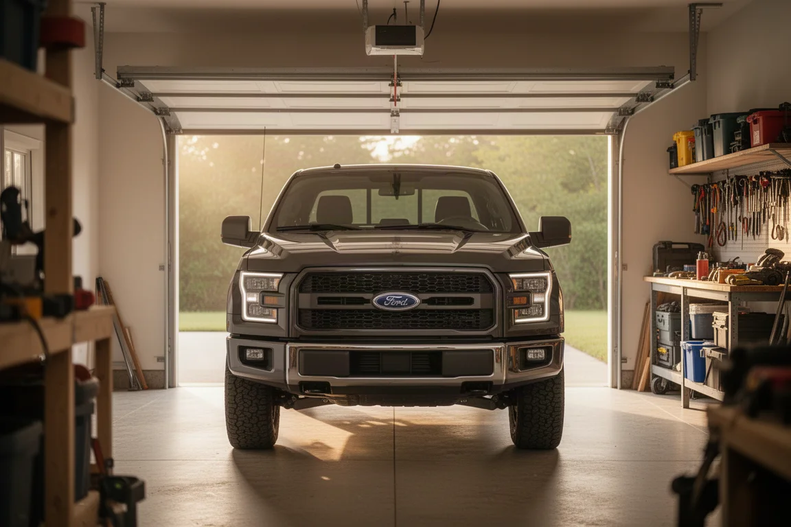 Pickup geparkeerd in een thuisgarage met open garagedeur